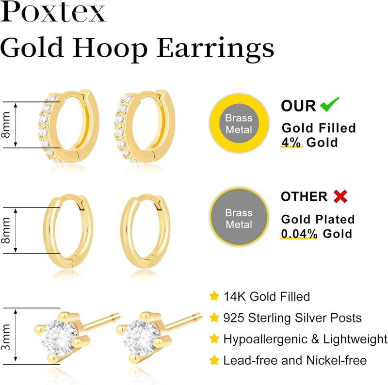 Poxtex Small Sterling Silver Huggie Hoop Earrings Set for Women, Hypoallergenic 14K Gold Plated Hoops Stacks for Multiple Piercings, Dainty Cute Mini Lightweight Cartilage Studs Trendy Jewelry Gift - Image 5